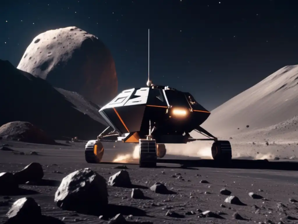 A stunning image of progress: A sleek, modern spacecraft effortlessly lands on an asteroid, ready to mine its rich mineral resources