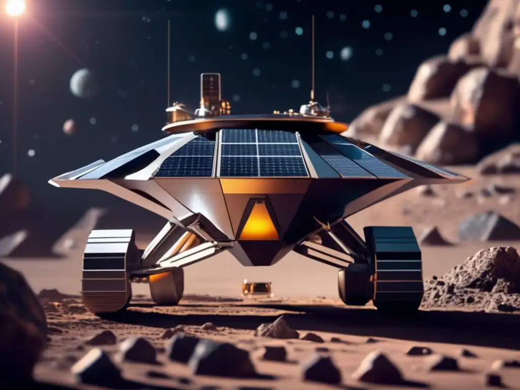 An breathtaking photorealistic image of an asteroid mining spacecraft, intricately detailed with shimmering metallic structure, glistening solar panels, and precise mining equipment, surrounded by the vast, serene beauty of the cosmos