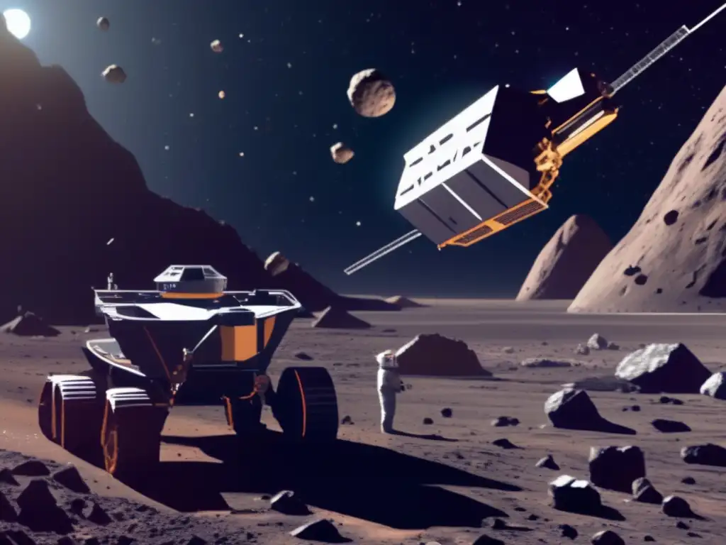 A majestic spacecraft descends on an asteroid, teeming with resources to be mined