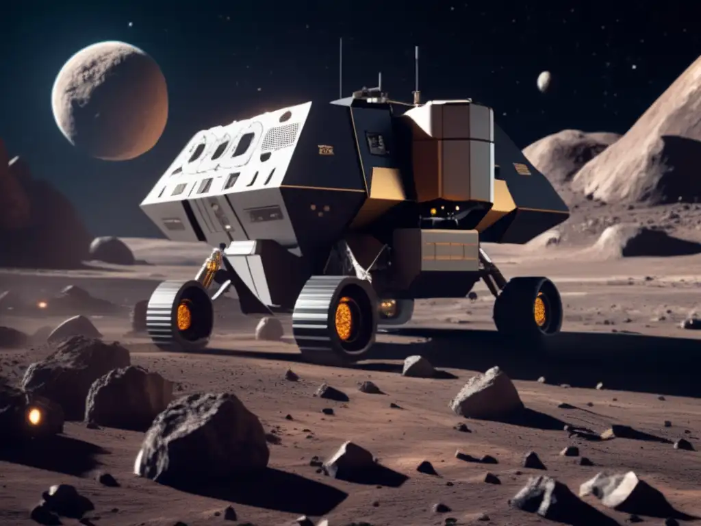 A photorealistic image of an asteroid mining spacecraft, intricately textured and illuminated, hovering in front of a large asteroid