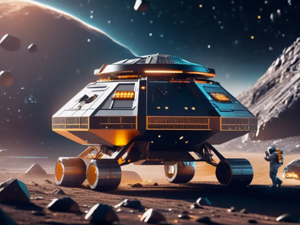 Docking at the asteroid - A stunning, highly detailed image captures the futuristic asteroid mining spacecraft docked at its site