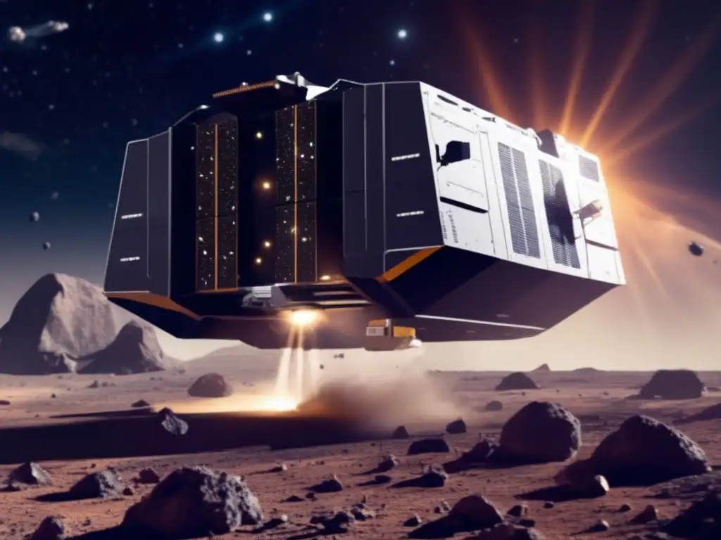 A primeval asteroid plundered by a futuristic mining spaceship