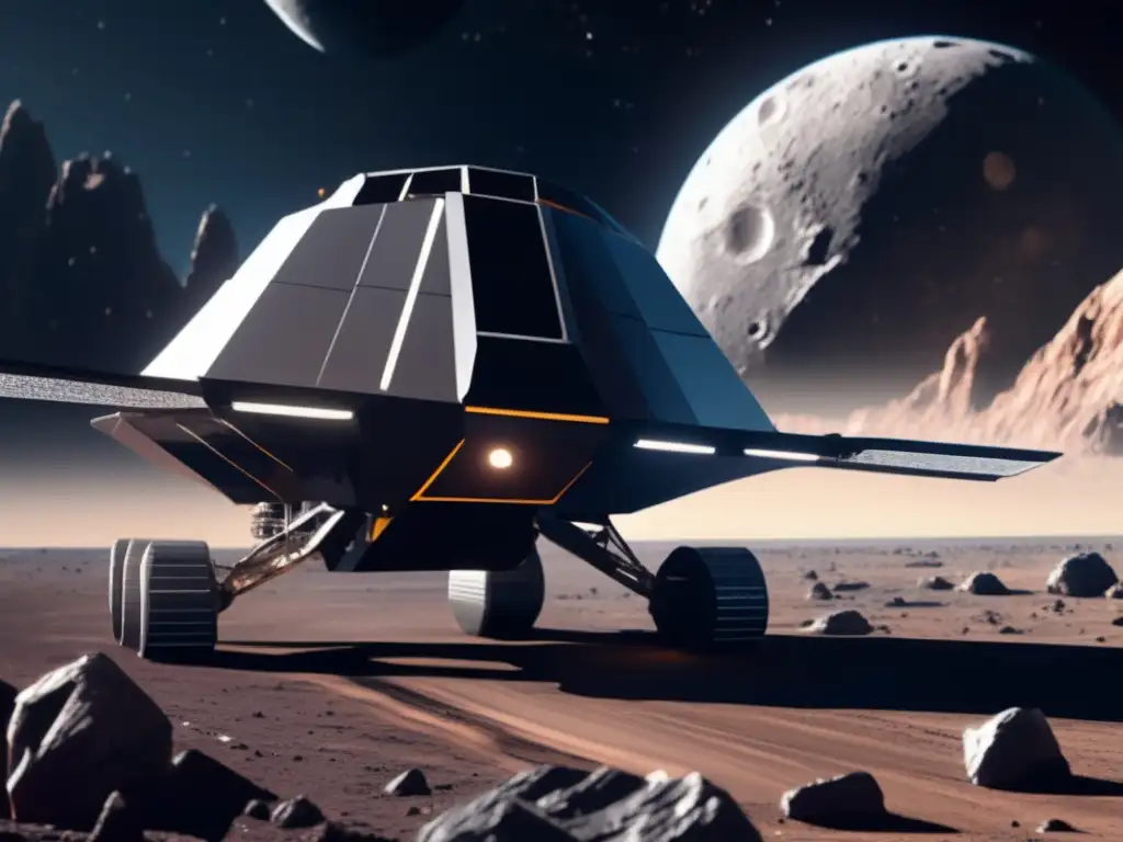 A futuristic explorer cautiously descends onto the cold, rocky asteroid terrain, illuminated by the bright sun
