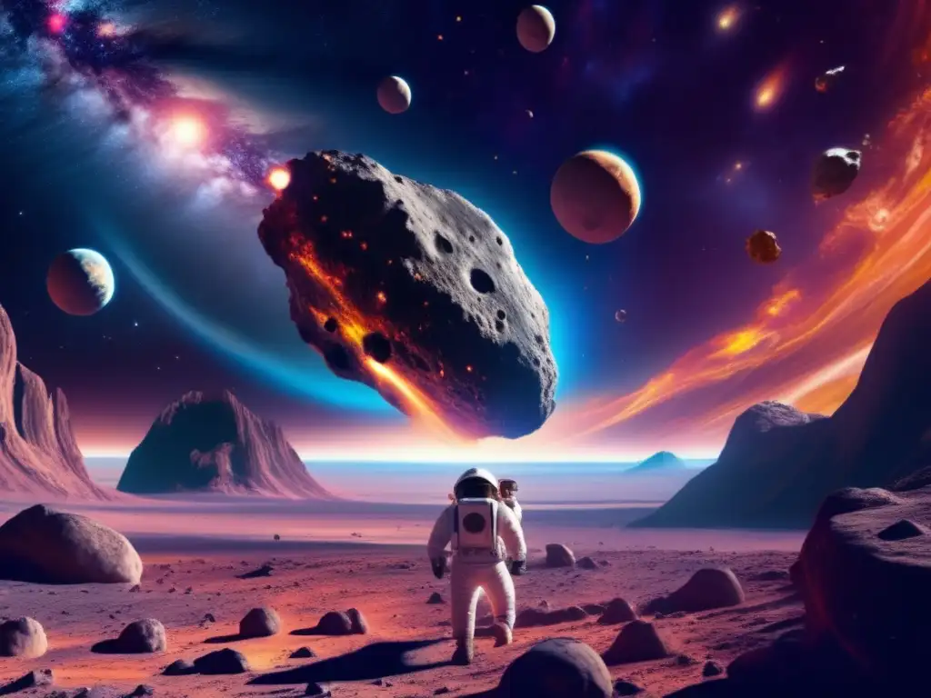 Majestic asteroid glows against swirling galaxies and nebulas, spacecraft extracting valuable minerals for planetary science and space exploration