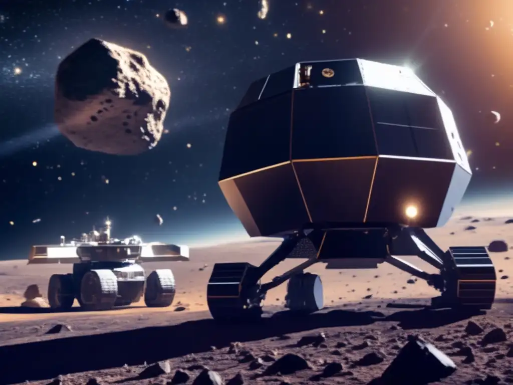 A captivating image of an asteroid mining spacecraft exploring the vast cosmos, harvesting valuable metals from a surrounding asteroid field