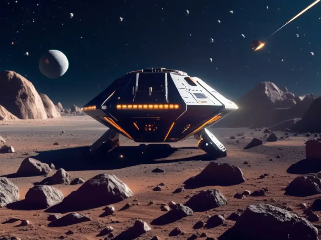 A stunning photorealistic depiction of a colossal asteroid mining spacecraft exploring the intricate details of a vast, hazardous asteroid field, illuminated by the glistening stars in the background