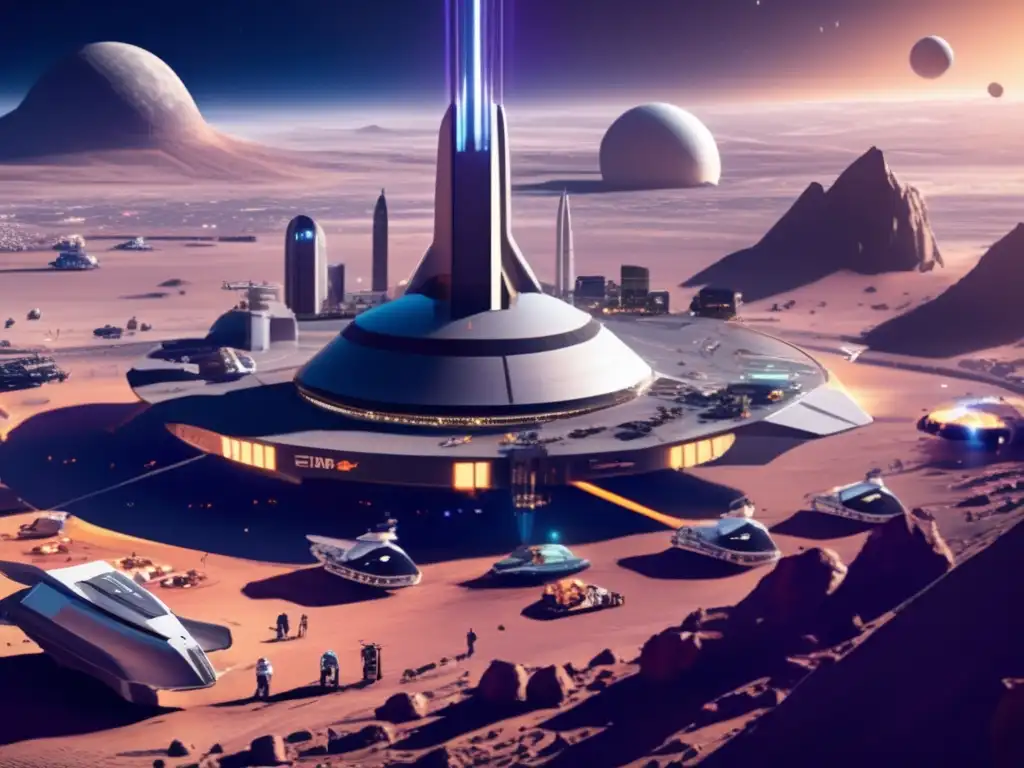 A photorealistic image of a bustling spaceport, surrounded by countless asteroid mining ships
