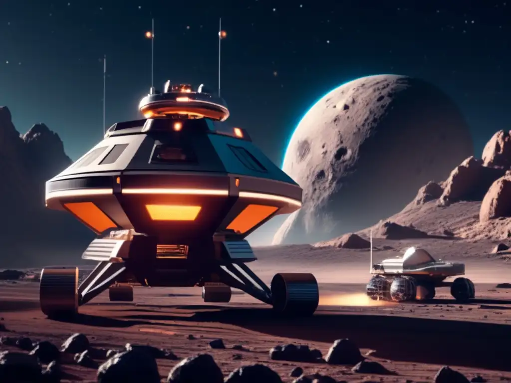 A photorealistic image of a space probe graces the foreground of an asteroid mining station, encircled by futuristic machinery and equipment