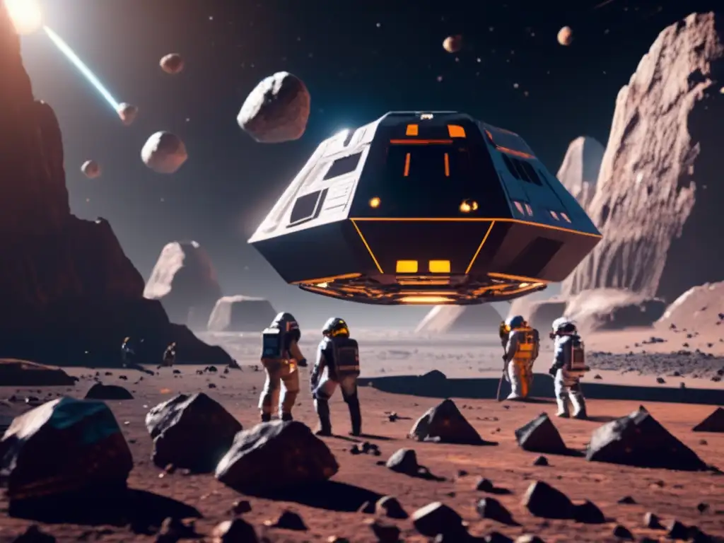 A stunning photorealistic image of a futuristic asteroid mining spaceship floating amidst a breathtaking backdrop of an asteroid field