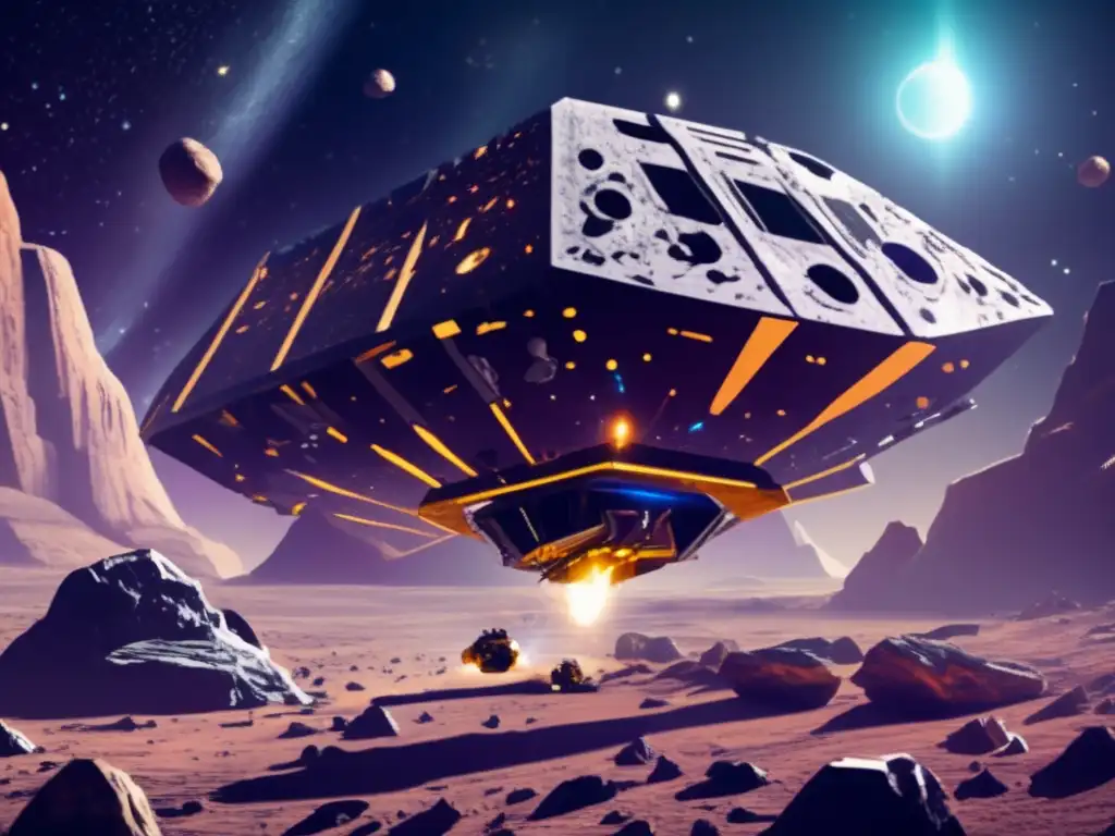 A photorealistic image of a spaceship mining an asteroid, with the mining arm extending into the void