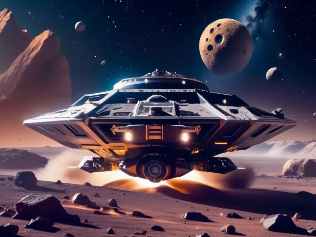 A gripping image of a mining spaceship, surrounded by asteroid dust and debris, with intricate mining equipment in sharp detail, all while exploring the treacherous expanse of space, a reminder of humanity's pursuit of wealth even in the most challenging environments