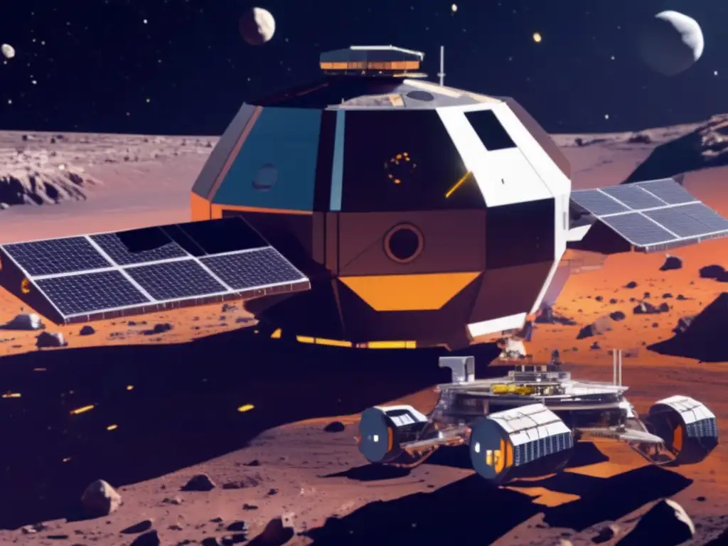 An intricate asteroid mining station orbits a vibrant asteroid, brimming with high-precision machinery and solar panels