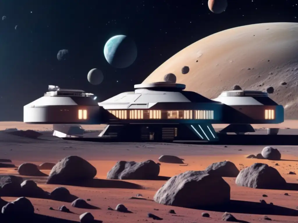 Aerobuste Asteroid Mining: Revolutionizing Space Exploration A spectacular photorealistic image of a bustling asteroid mining facility space station, floating through the multicolored expanse of space