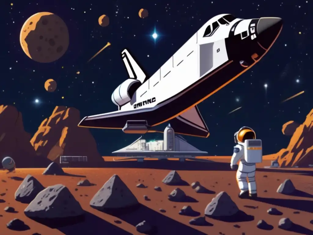 A stunning photorealistic image captures the moment of discovery as a space shuttle glides past an asteroid mining station