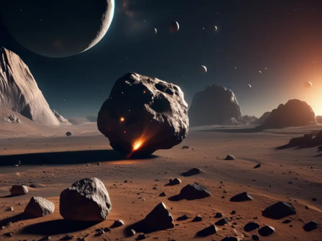 This stunning photorealistic image showcases the detailed surface of an asteroid, complete with craters, ridges, and other geological features