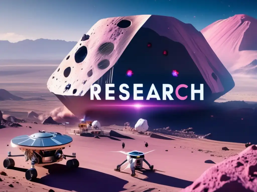 Mining the Asteroid: RESEARCH Facility Buzzing with Life An advanced mining and terraforming drone flies towards a pink and blue building on an asteroid, its word 'RESEARCH' carved on its facade