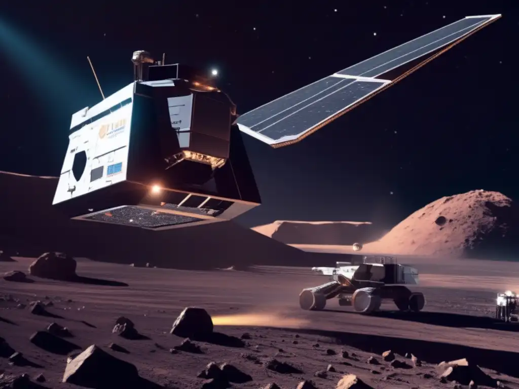 A closeup view of an asteroid mining vessel in action, capturing surface samples from a vast, dusty asteroid
