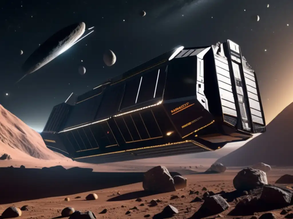 Epic space adventure: A photorealistic image of a long, narrow asteroid mining vessel meticulously navigating through the asteroid belt in space, with vast amounts of asteroid material collected and stowed in extraterrestrial storage containers