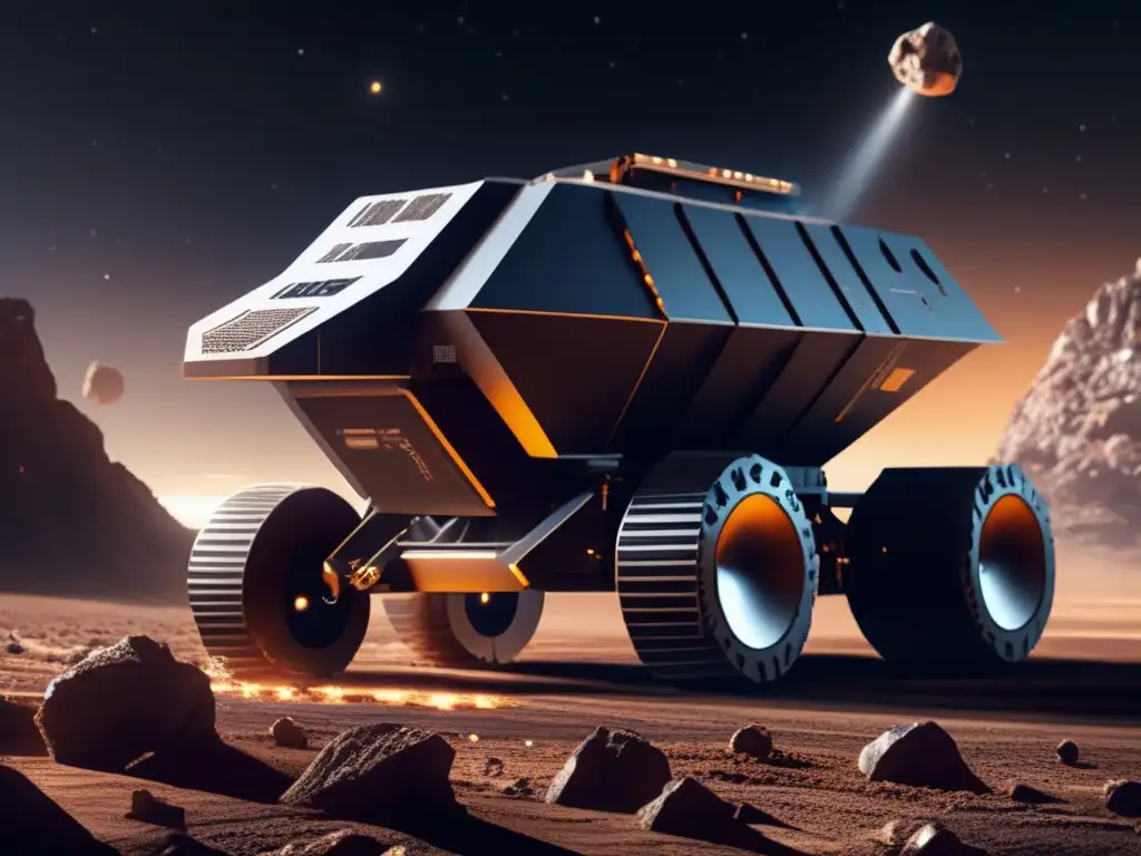 A breathtaking photorealistic image captures the futuristic tech landscape of asteroid mining