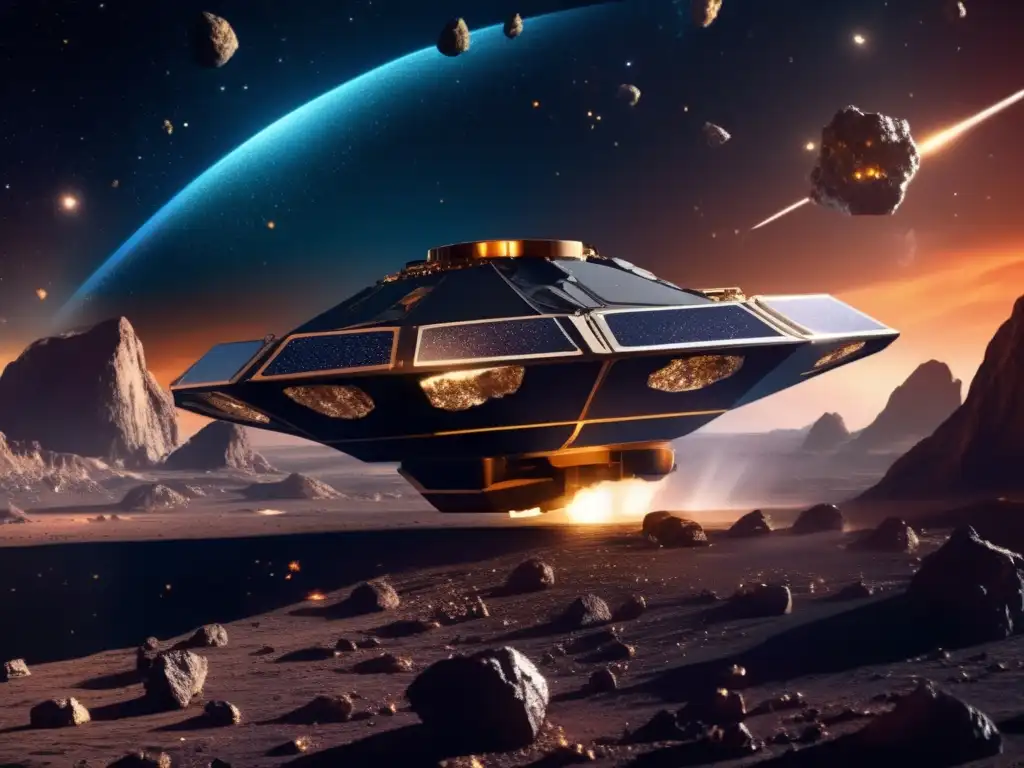 Mining the Cosmos: A Photorealistic Journey into Asteroid Riches Photorealistic depiction of a spacecraft extracting resources from an asteroid, surrounded by breathtaking cosmic scenery