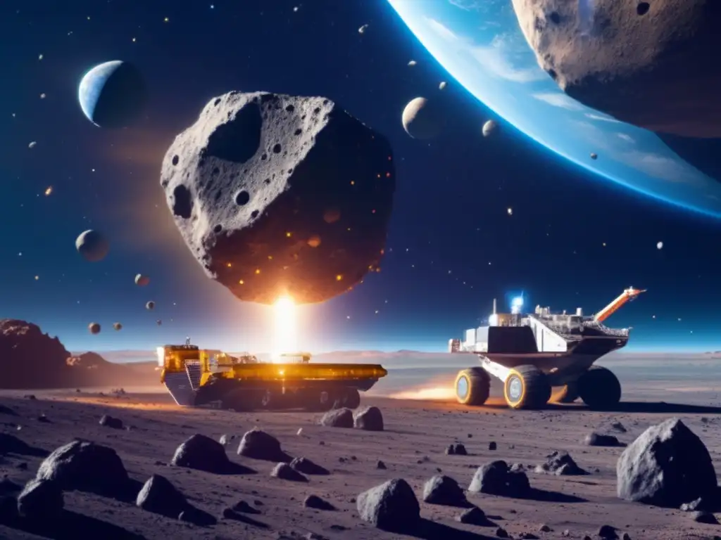 A stunning photo of an asteroid mining vessel, in high detail, floating in the vastness of space