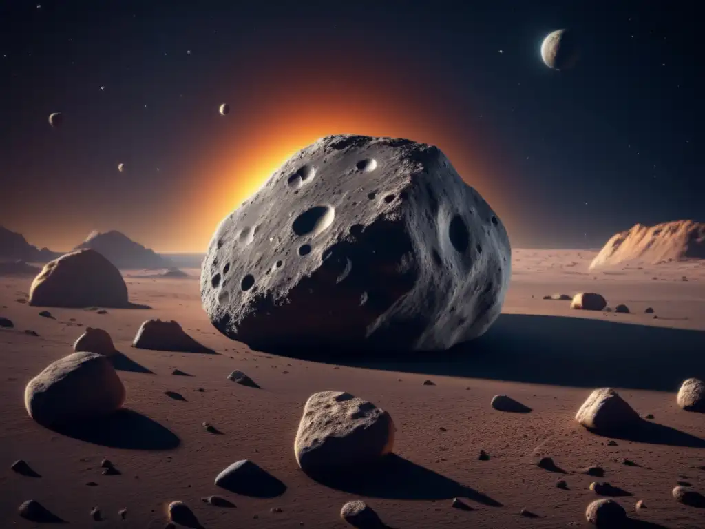 Stunning photorealistic image of Asteroid Misenus, detailing its surface's craters, rocks, and ridges, surrounded by deep space