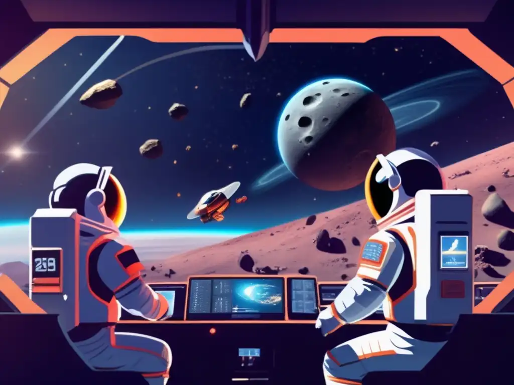 An asteroid orbits a planet, and a team of astronauts in spacesuits work tirelessly to monitor and defend it from potential impacts