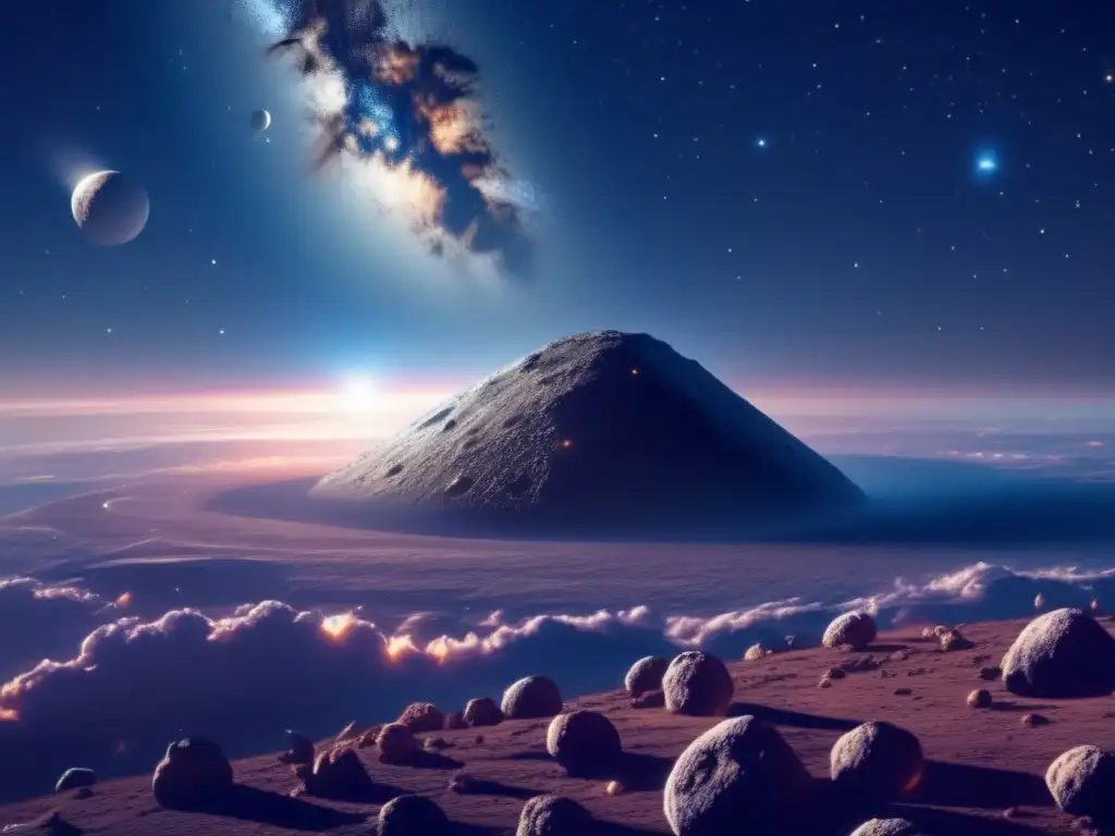 An awe-inspiring view of the night sky where a large asteroid is seen soaring past Earth