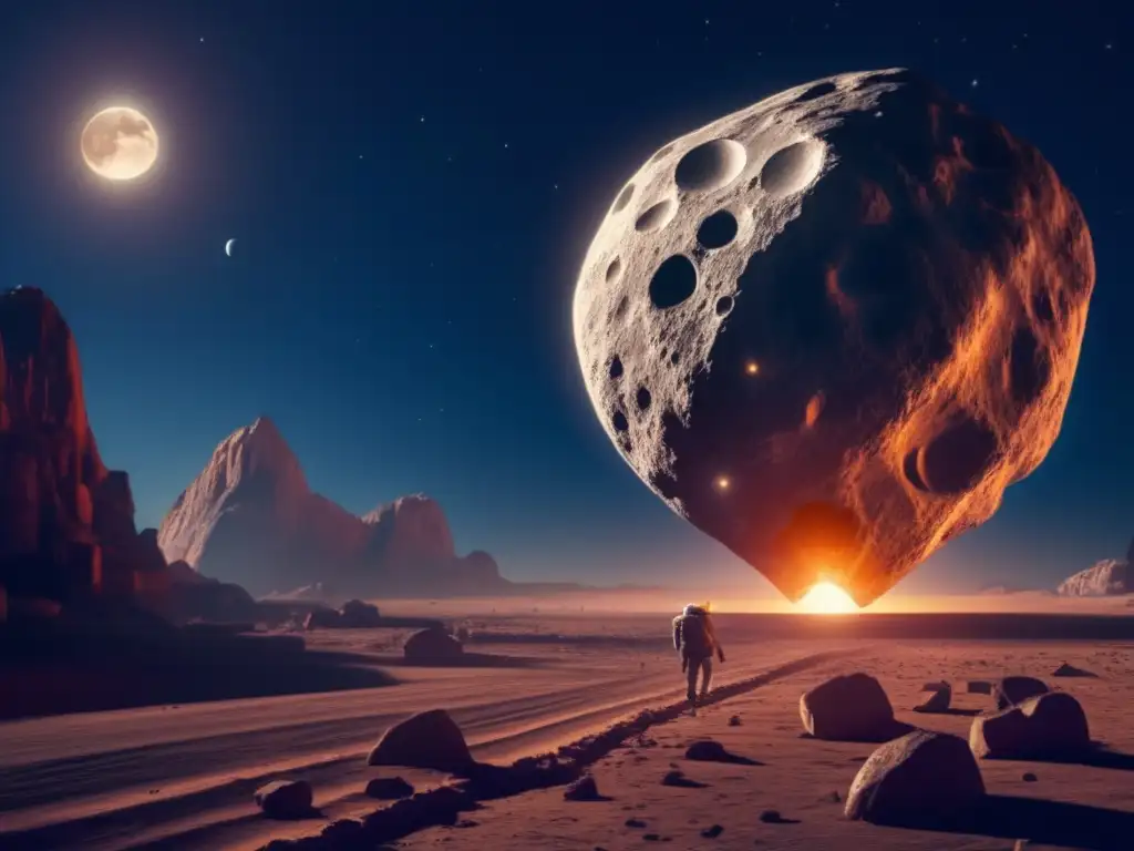 An intriguing image of a small mountain-sized asteroid, contrasting the brightness of the path radiating from its core, parallel to the luminous moon in the sky - GLASS ('A stunning visual representation of a glass orb falling from the sky, illuminated by a fiery trail')