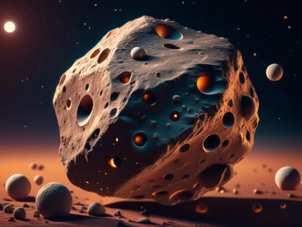 An stunning 3D model of a celestial asteroid with moons in orbit, showcasing intricate details, textures, and a sense of wonder