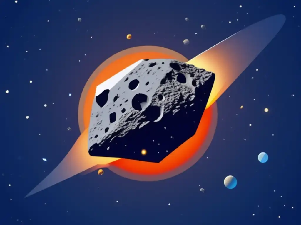 A stunning photorealistic image of an asteroid in space, with a centered centered header of 'The Nature of Asteroids' in a black and blue gradient