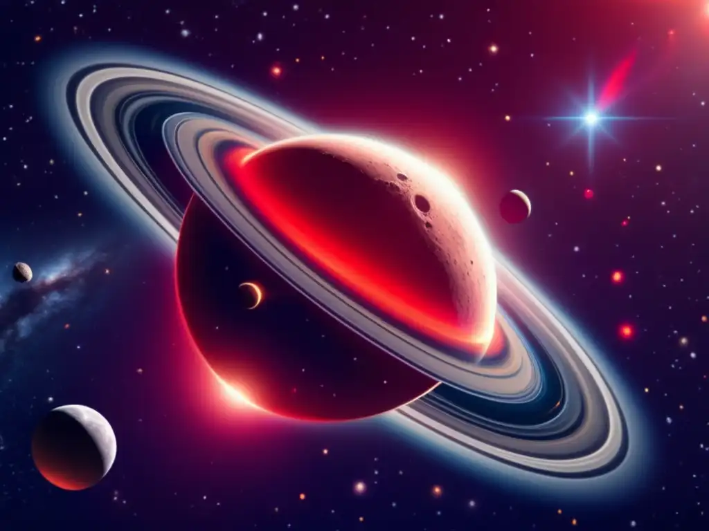 A stunning celestial body floats in space, with a fierce red light emanating from its jagged metal surface