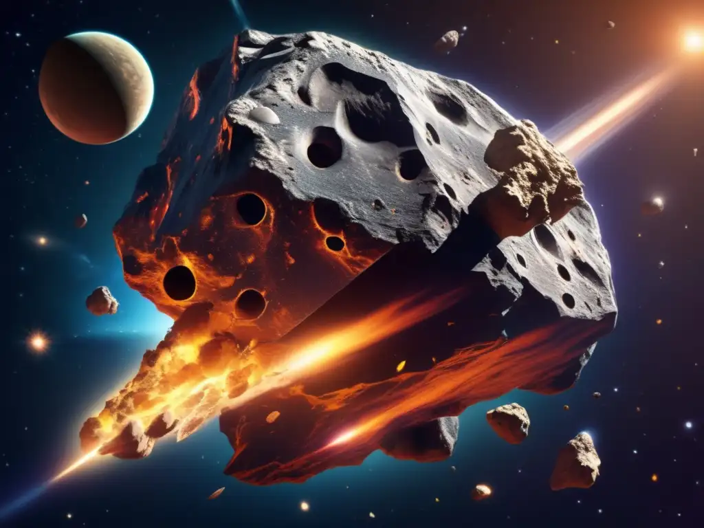 Dash: A breathtaking photorealistic image of an asteroid filled with mythical creatures, glowing with a bright nucleus and surrounded by an asteroid belt