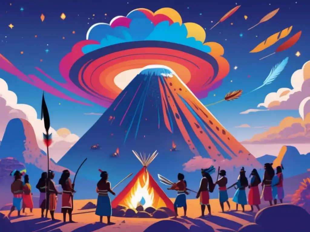 A native tribe stands in awe of a massive asteroid that landed in the center of their village, sky a deep shade of blue with fluffy white clouds
