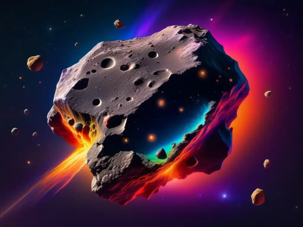 Ominous Nebula Veiling Asteroid's Mysterious Form A breathtaking photorealistic depiction of a thrilling cosmic adventure, featuring an asteroid that boasts jagged surfaces and numerous small craters, surrounded by a vibrant nebula bursting with rich colors, against the backdrop of an endless dark expanse, emphasizing the complexity and awe of the universe