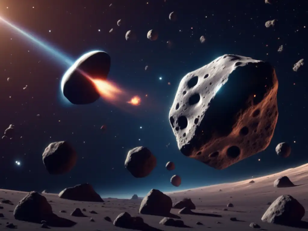 A mesmerizing photorealistic portrayal of an asteroid, featuring a radiant white surface reflecting nebula rays