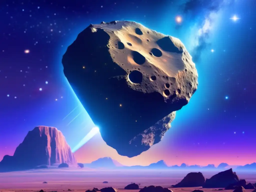 A photorealistic image of a 30km diameter asteroid floating in a vibrant nebula, with stars scattered across the background