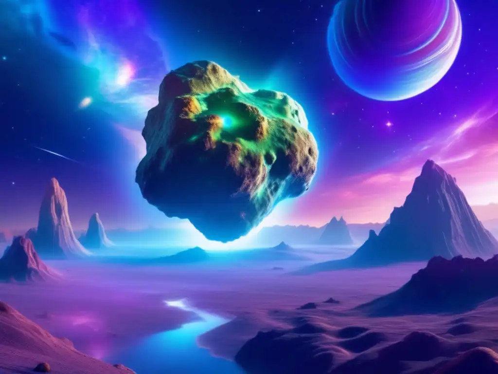 A breathtaking image of a massive asteroid, illuminated by multiple light sources and casting a long shadow on a small planet orbiting around it