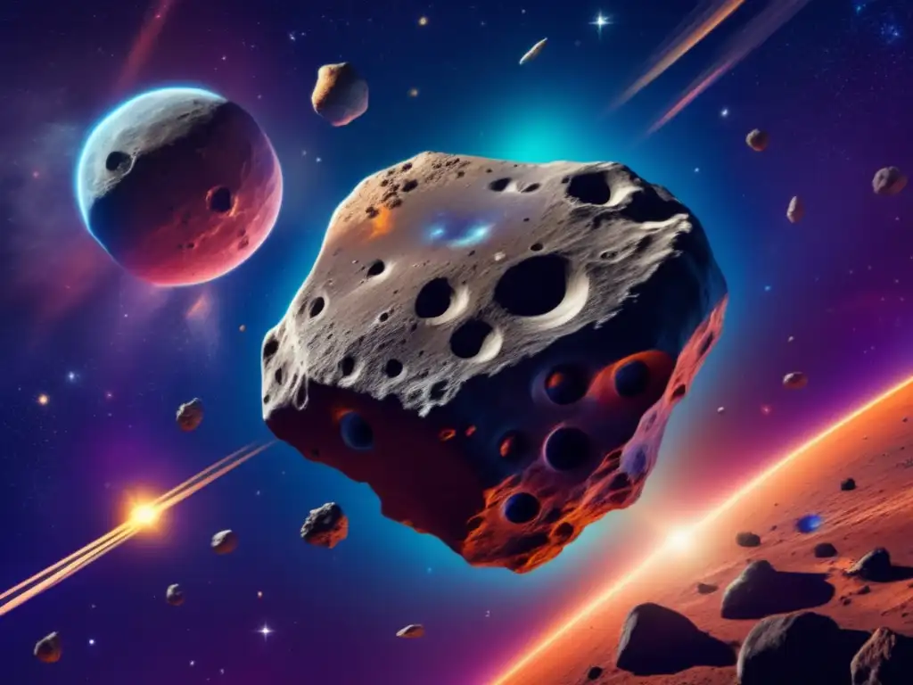 A stunning photorealistic depiction of an asteroid, surrounded by vibrant nebula colors and other celestial objects