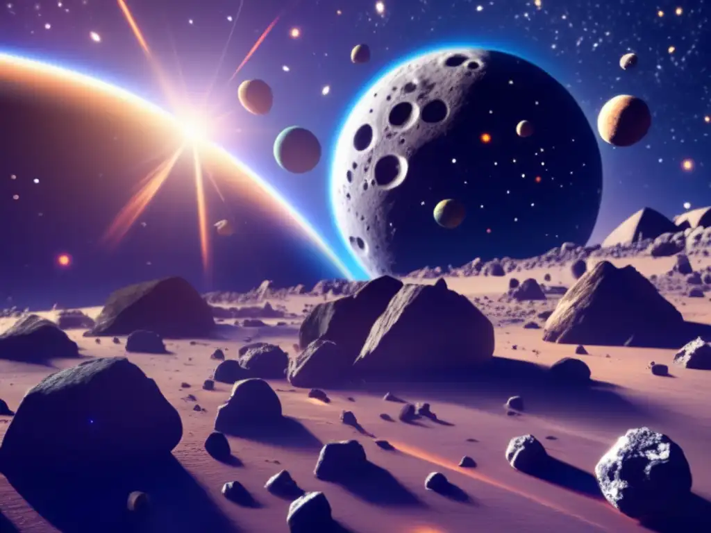 Galactic Awe: Super Detailed Asteroid Field with Planetary System View A breathtaking photorealistic image of an asteroid field, where asteroids of various shapes, sizes, and colors orbit around a star