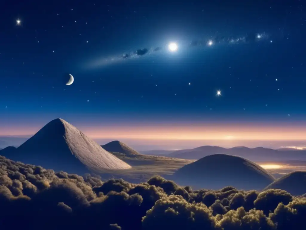 Mystical Asteroid Orbits in Velvet Night Sky I need an ALT text in English for an image of a velvet night sky with an asteroid orbiting overhead