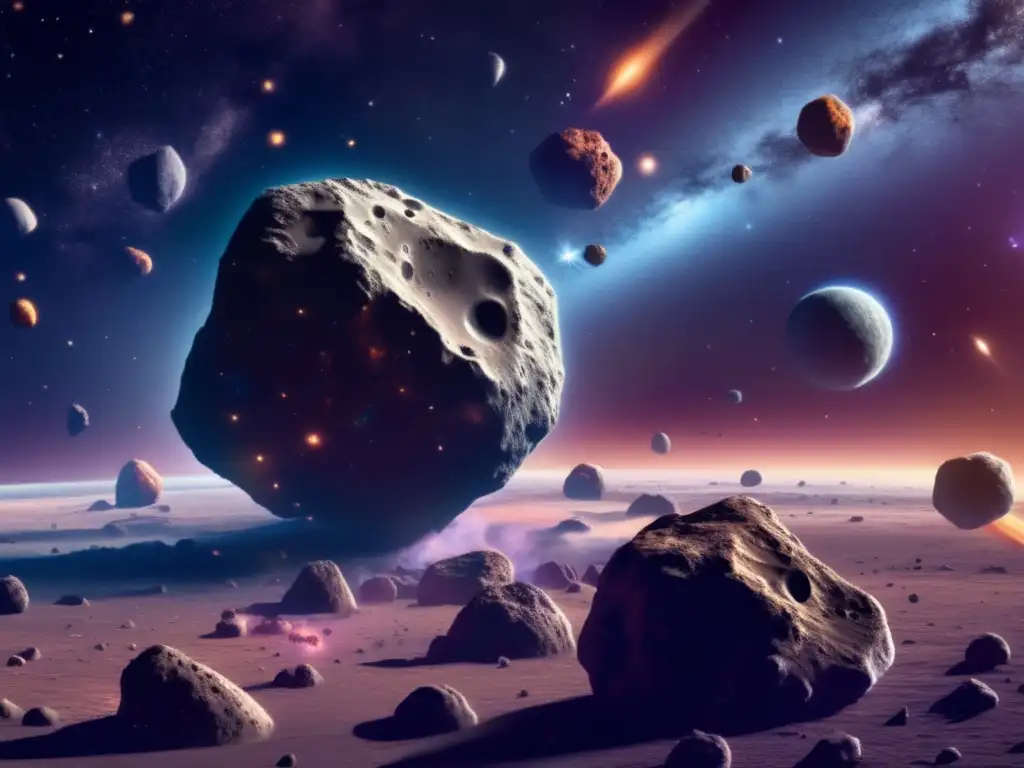 The image portrays a breathtaking asteroid nursery, with varying asteroids floating in the cloud of interstellar dust