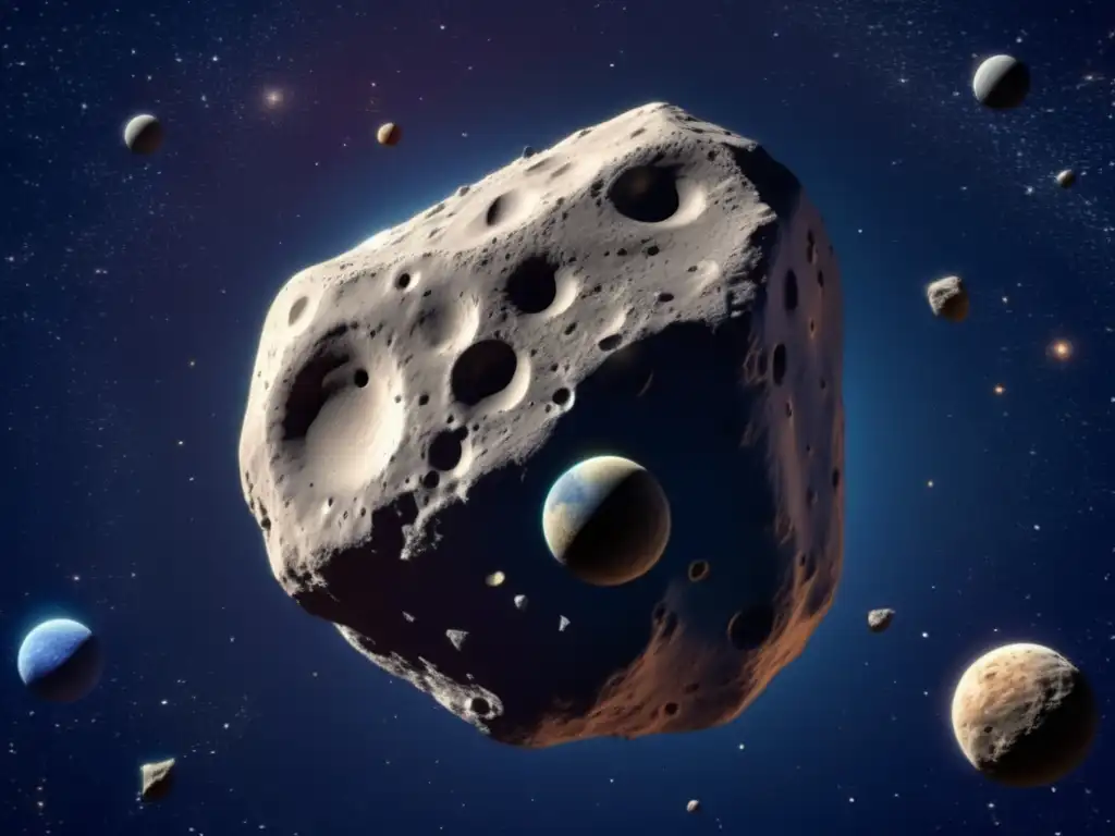 Behold the awe-inspiring photorealistic image of Asteroid Nysa in space, -Nestled amidst a sea of other celestial bodies, its depth of detail -Captures every bump, crater, and ridge on the asteroid's surface, -Its stark beauty exemplifies the wonders of space exploration