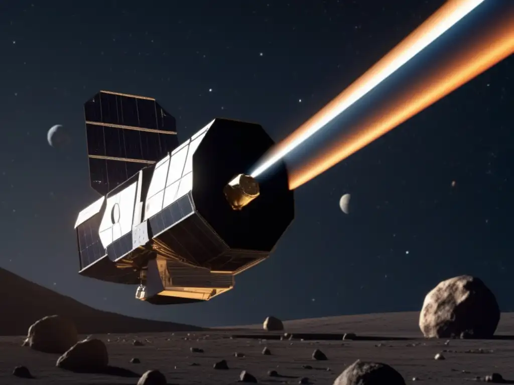 A stunning photorealistic depiction of a space telescope aimed at a nearby asteroid amidst a sea of celestial objects
