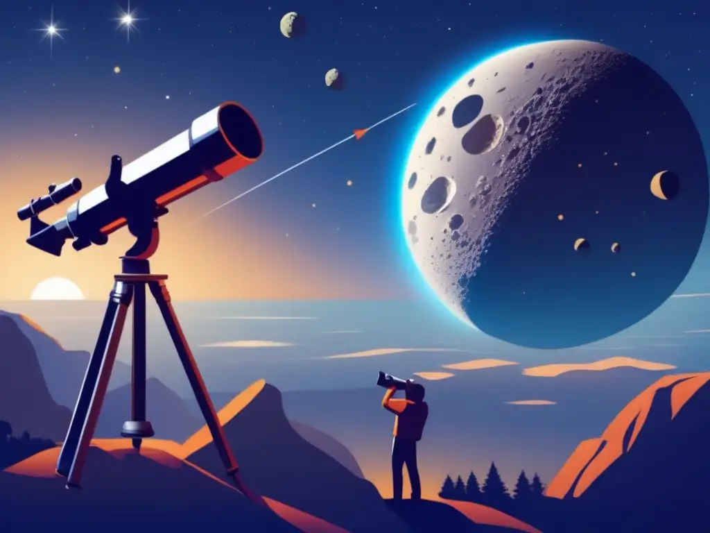 Amateur astronomer with stunning photorealistic image of an asteroid, captured through a clear and precise telescope