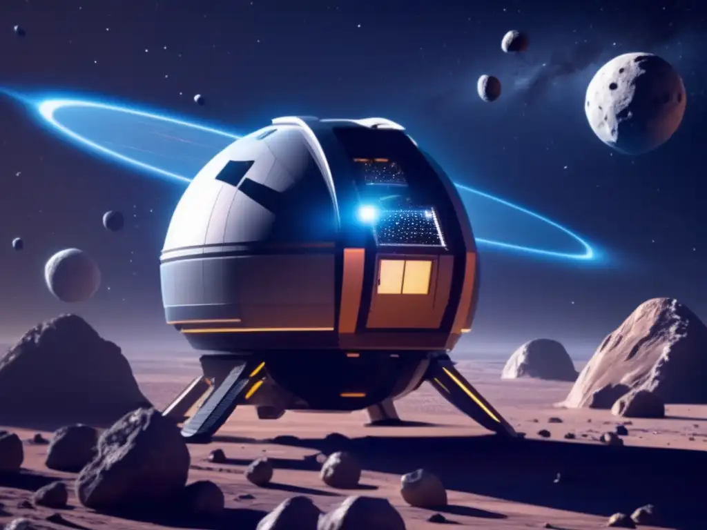 A futuristic space observatory orbits a massive asteroid with intricate surface details visible