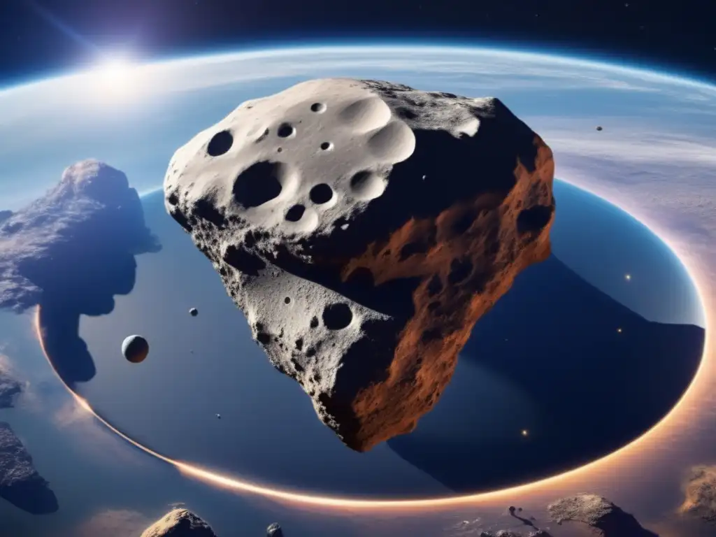 A stunning, 8k ultradetailed image of an asteroid orbiting around the Earth, offering a bird'seye view from aboveground