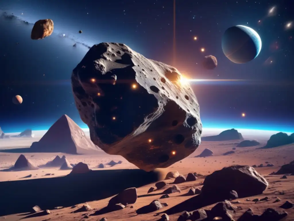 Stepping into the cosmos, we glimpse the vast expanse of space as we explore the delicate asteroid to the left and the vibrant blue star at its center