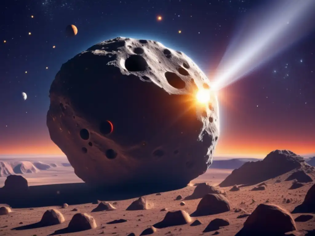 A mesmerizing photorealistic image of a massive asteroid orbiting the sun, captured through a telescope's magnified eyepiece