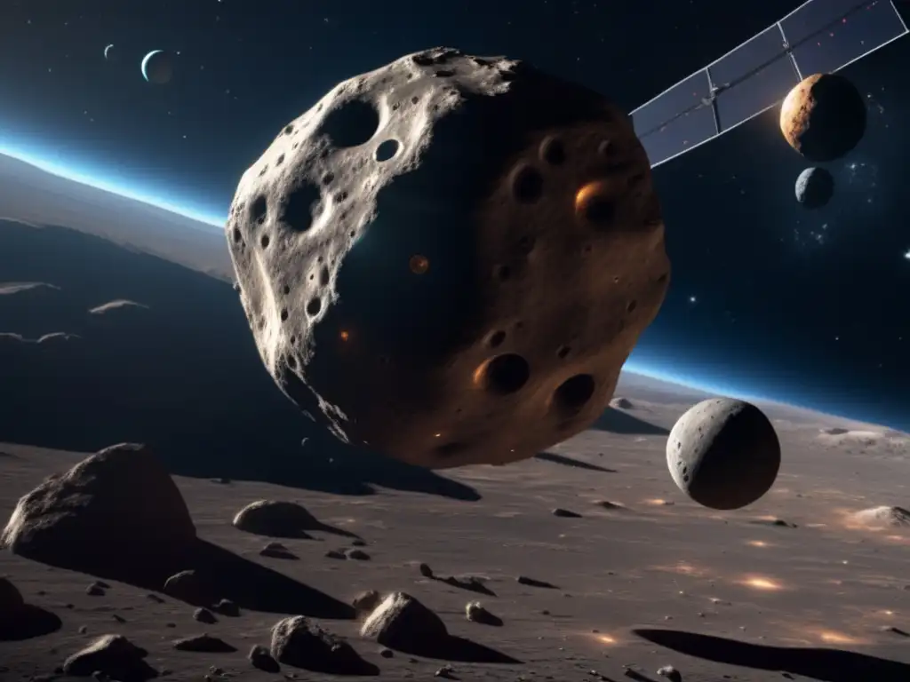 The photorealistic image captures the magnificence of Amphitrite, a colossal asteroid orbited by a sleek spacecraft